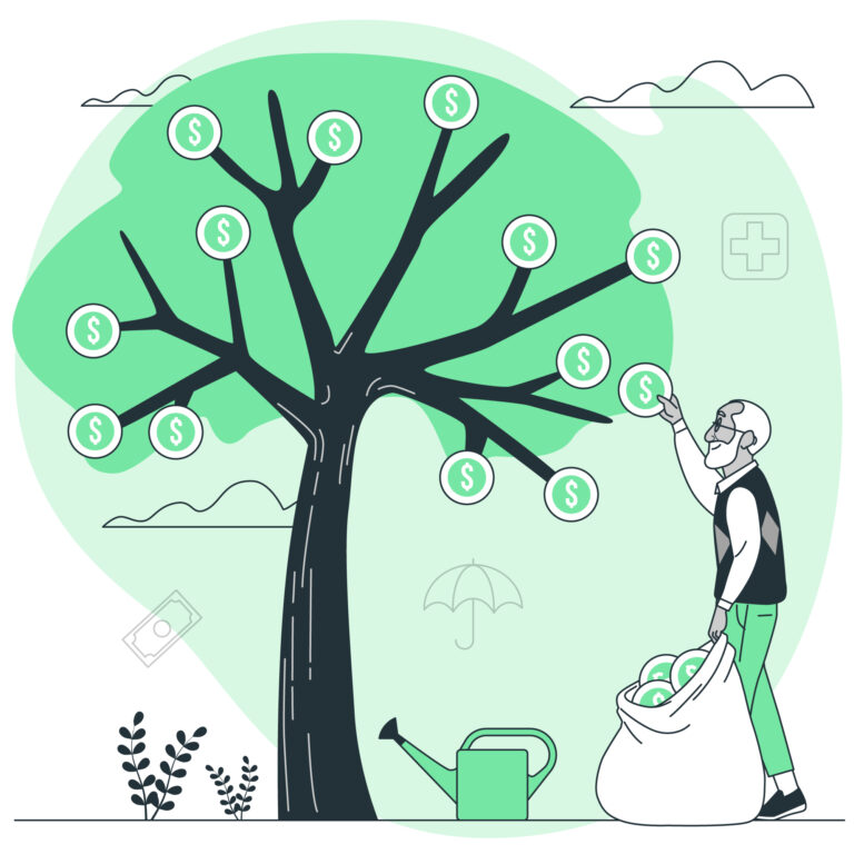 Illustration of a senior man collecting money from a dollar sign tree into a large bag, with an umbrella and medical cross symbols in the background, representing charitable giving strategies that provide guaranteed lifetime income and financial security